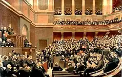 A Assembleia Nacional Francesa em 1877; consolidou o espectro político esquerda-direita de sua câmara na política moderna
