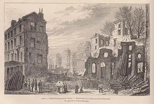 A abertura do boulevard Saint-Germain vista da rue Saint-Dominique, em fevereiro de 1870.