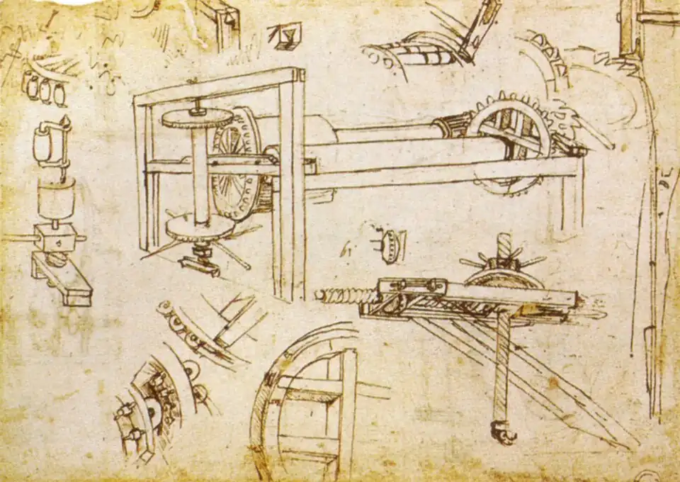 Guincho de três velocidades de Brunelleschi, por Leonardo da Vinci (cerca de 1480, Biblioteca Ambrosiana, CA)