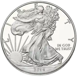 Anverso da American Silver Eagle, uma moeda de prata em produção atual, de um desenho de Adolph A. Weinman