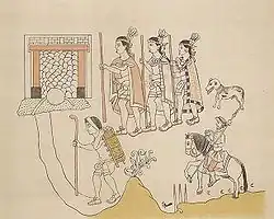 Pintura com três guerreiros indígenas proeminentes em fila única, de frente para a esquerda, vestindo capas e segurando bastões, seguidos por um cão. Abaixo deles e à direita há uma imagem menor de um espanhol montado com uma lança levantada. À esquerda, um porteiro indígena carrega uma mochila fixada por uma alça na testa e ostenta um bastão em uma das mãos. Todos parecem estar se dirigindo para uma porta no canto superior esquerdo.