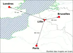 Schéma cartographique montrant la durée des trajets en train depuis Lille : Paris, Bruxelles et Londres.