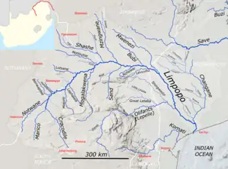A bacia hidrográfica do Limpopo com o Shashe (centro superior esquerdo)