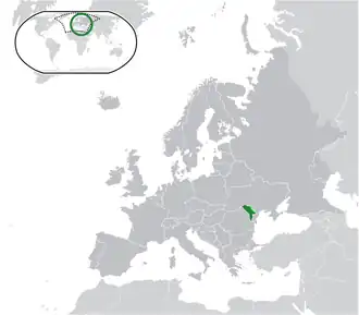 Localização da Moldávia (em verde) Região da Transnístria (em verde claro) No continente europeu (em cinza escuro)