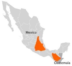 Distribuição das espécies de Lophospermum (a distribuição é descontínua nas áreas assinaladas).[1]