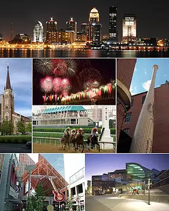Do topo, da esquerda para a direita: Panorama de Downtown Louisville à noite, a Catedral de Assunção, fogos de artifício no Festival Kentucky Derby, Kentucky Derby, Louisville Slugger Museum & Factory, Fourth Street Live! e The Kentucky Center