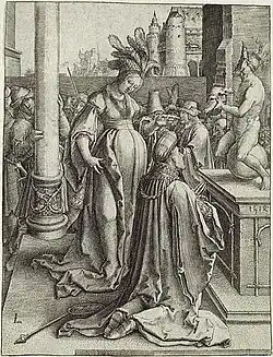 Lucas van Leyden, A idolatria de Salomão, inspirado por sua esposa pagã, do conjunto de xilogravuras "Large Power of Women", 1514[38]