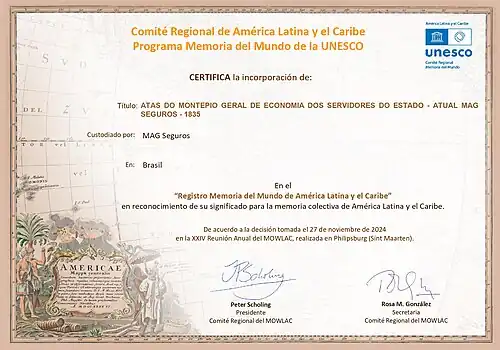 MAG Seguros recebeu certificado da UNESCO por seus documentos históricos