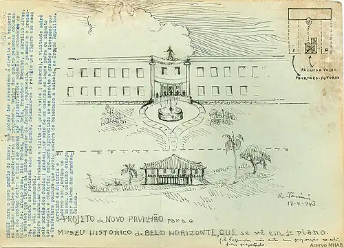 Croqui de edifício anexo para ao Museu Histórico de Belo Horizonte desenhado a lápis por Raul Tassini