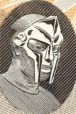Ilustração estilizada representando MF DOOM, vestindo sua máscara prateada.