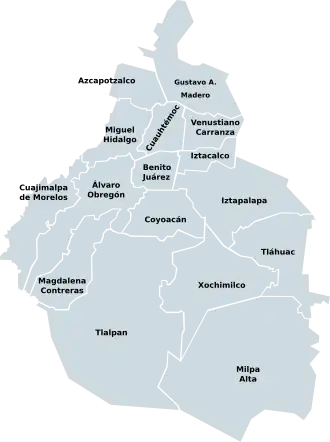 Mapa das demarcações territoriais da Cidade do México.