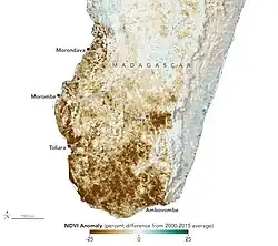 Mapa do sul de Madagascar mostrando áreas de precipitação reduzida.