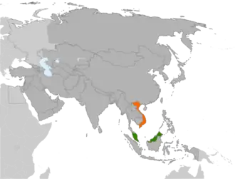 Mapa indicando localização da Malásia e do Vietnã.