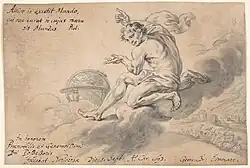 Homem sentando em uma nuvem sobre um campo de batalha, apontando para o globo, 1693