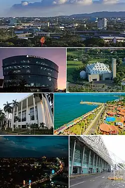 De cima para baixo: Panorama de Manágua; Edifício Invercasa; Nova Catedral de Manágua; Teatro Nacional Rubén Darío; Porto Salvador Allende no Lago Manágua; Panorama noturno de Manágua e o Aeroporto Internacional Augusto C. Sandino.