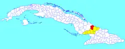 Localização do distrito de Manatí(vermelho) e da província de Las Tunas (amarelho) em Cuba