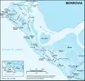 Um mapa de Monróvia da ONU de 1999, mostrando a localização da Mansão Executiva
