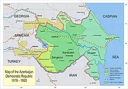 Mapa da primeira República Democrática do Azerbaijão e os territórios reivindicados