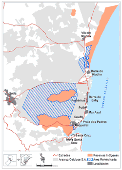Confrontação entre o território tupiniquim demarcado e as áreas ocupadas pela Aracruz Celulose (em cinza)