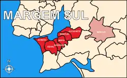 &nbsp;&nbsp;Concelhos que constituem a Margem Sul. &nbsp;&nbsp;Área dos concelhos que constituem a Margem Sul que se encontra fora da mesma (exclave do Montijo).