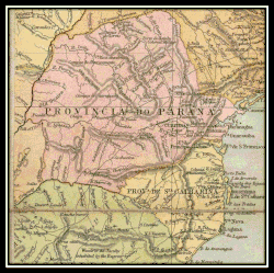 Mapa da Província do Paraná em 1866, recortado do Novo mapa do Brasil compilado do último governo e outras fontes autênticas, para William Scully, Editor do Anglo Brazilian Times, Rio de Janeiro, 1866. Publicado por William Scully, Rio de Janeiro. Desenhado e gravado por George Philip & Son, Liverpool e Londres