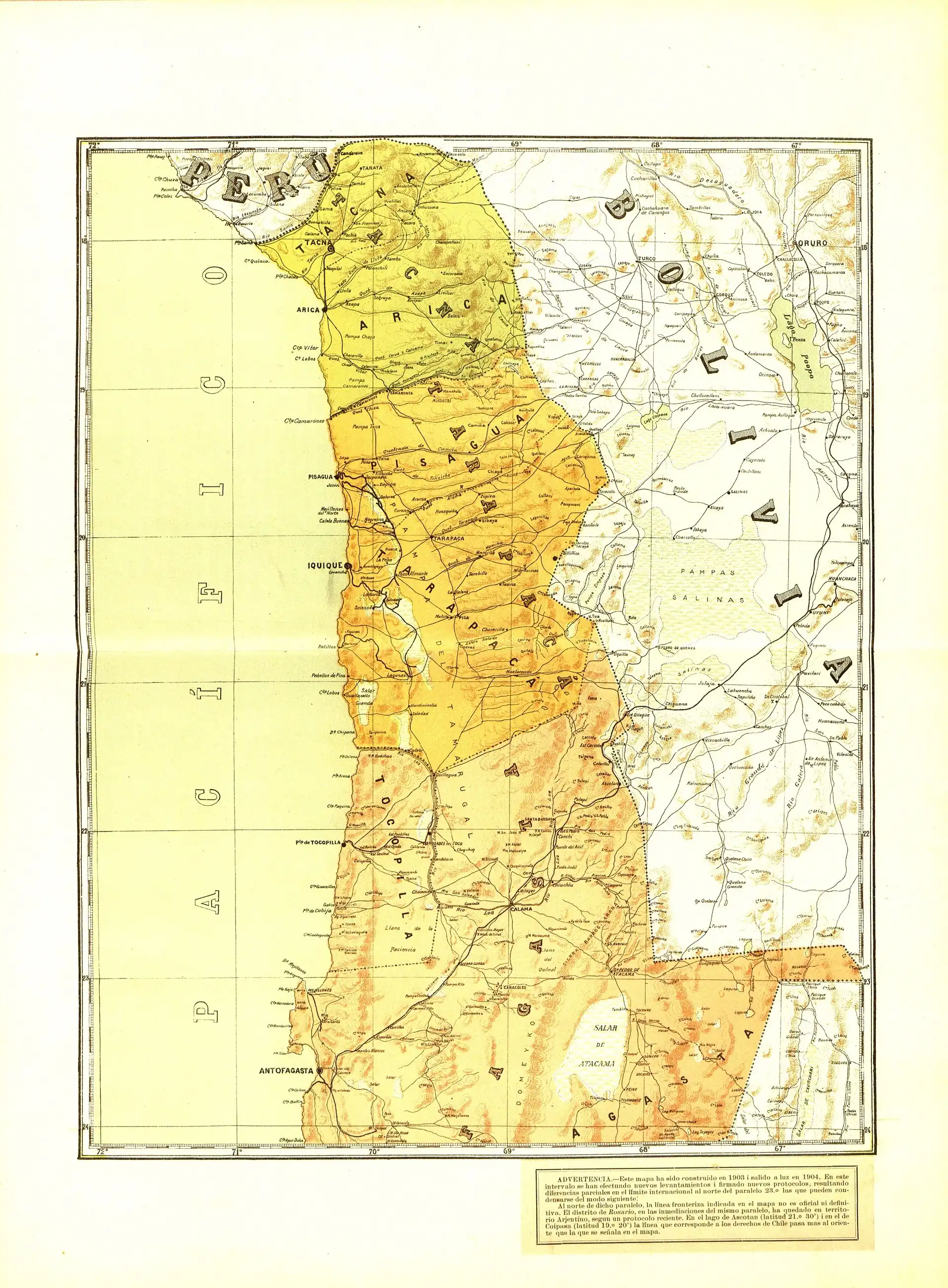 Antofagasta, Mejillones, Cobija e Tocopilla em um mapa de 1903.
