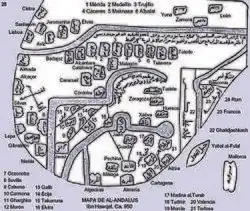 Ano c. 950. Mapa de Alandalus de Ibne Haucal com a sua transcrição. Nele diz: “Este é um rio junto ao qual se encontram lugares […] que pertencem aos musul­manos; chamado de río Tejo, sobre o seu curso há uma cidade [Zamora] que faz fronteira com a Galiza. Este río atravesa Galiza entre Almada e Lisboa, do domínio de al-Andalus, e penetra no Oceano”.[305]