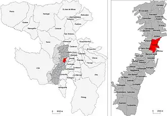 Localização da paróquia de Iñaquito dentro do Distrito Metropolitano (esquerda) e da cidade de Quito (direita).