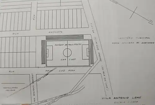Mapa geográfico do Estádio da Vila Leme, em Jundiaí, presente no livro Jundiahy Foot Ball Club ou Paulista FC, de Cláudio Lucato (2000);