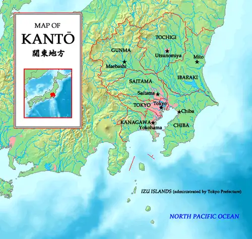 Mapa detalhado das áreas dentro da região de Kantō