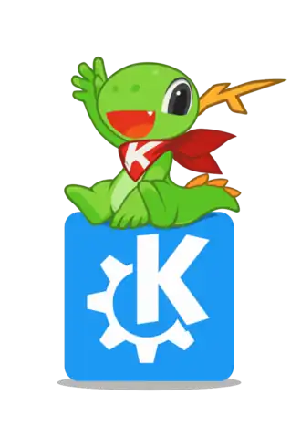Konqi, mascote do ambiente KDE em sua nova aparência.