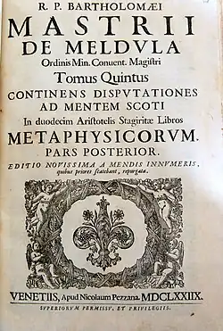 Capa em latim indicando notadamente «&nbsp;Bartholomæi Mastrii, Tomus quintus, Continens disputationes ad mentem Scoti&nbsp;», datado de 1678