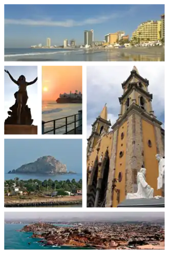 Da parte superior esquerda: Praia na cidade, Monumento em homenagem à mulher mazatleca, Píer, Ilhas Cordones, Catedral de Mazatlán e vista panorâmica da cidade.