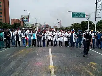 Linha de médicos bloqueando uma rua