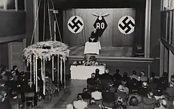 Meeting of the Liechtenstein branch of the Nazi Party in Vaduz town hall in October 1940. The speaker can be seen standing on stage behind two Nazi swastikas and the symbol of the Nazi Party Foreign Organization.