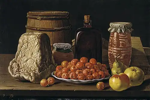 Queijo, tonel, garrafa de vidro, potes e caixas. Still Life with Fruit and Cheese por Luis Egidio Meléndez; 1771, 41 × 62&nbsp;cm, Museu do Prado.