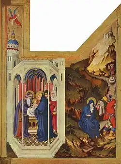 Apresentação de Jesus no Templo e Fuga, com as lendas dos ídolos e da primavera, Melchior Broederlam, Borgonha, c. 1400.