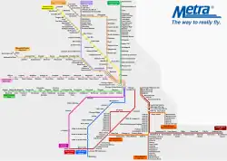 Esquema das rotas da Metra, bem como da South Shore Line. Este esquema não está em escala