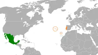 Mapa indicando localização do México e de Portugal.