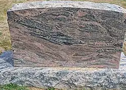 Lápide de migmatito com faixas claras (leucossoma) e escuras (melanosoma)