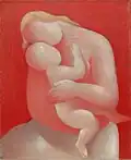 Pintura de uma mãe abraçando carinhosamente o seu filho
