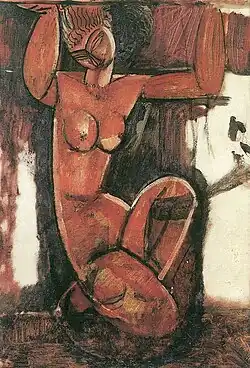 Pintura a óleo de uma mulher nua agachada em tons ocre vermelho com os braços levantados como que para sustentar um teto
