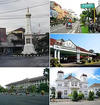 Da esquerda para a direita, de cima para baixo: 1) Monumento Tugu; 2) Jalan Malioboro; 3) Kraton Ngayogyakarta (palácio real); 4) Universidade Gadjah Mada 5) Banco da Indonésia