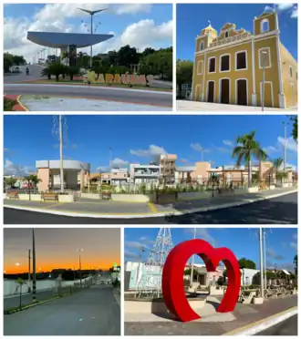 Do topo, em sentido horário: Pórtico de Entrada do Município RN 117; Igreja Matriz de São Sebastião (Caraúbas); vista panorâmica da praça Reinaldo Pimenta; Anfiteatro da Praça Francileno de Góis (Praça da Bíblia) e praça João Bosco Benevides (Pracinha do Coração) e
