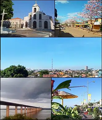 Em sentido horário: Biblioteca Municipal Orlando Lima Lobo e a Igreja de São Félix de Valois, em 2010, no bairro Francisco Coelho, na Velha Marabá; flora dos ipês-roxos, em 2017, na Avenida Paraíso, bairro Liberdade, na Cidade Nova; panorama da Nova Marabá, em 2017, a partir do Campus Industrial do IFPA; jardins da Orla do Tocantins, em 2011, no Centro, Velha Marabá, e; Ponte Mista de Marabá, em 2011, com o São Félix ao fundo.