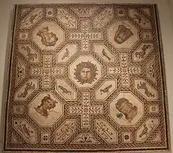 A mosaic showing Medusa and representational figures of the four seasons, from Palencia, Spain, made between 167 and 200&nbsp;AD