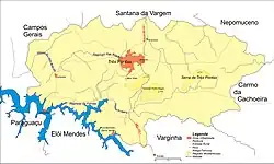 Mapa do município de Três Pontas, com parte do curso do ribeirão.