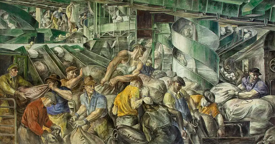 Reginald Marsh, 1936. Trabalhadores classificando a correspondência. Mural na Alfândega dos EUA, em Nova York