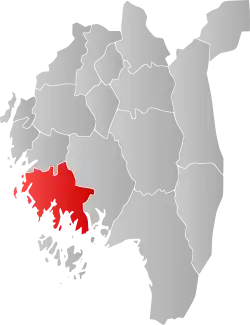 Mapa do condado de Østfold com Fredrikstad em destaque.