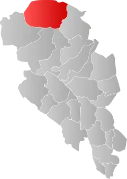 Mapa do condado de Oppland com Lesja em destaque.